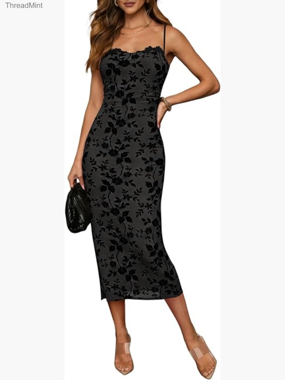 Semi Formal Midi Dress Flocked Floral Spaghetti Strap Bodycon Cocktail Wedding